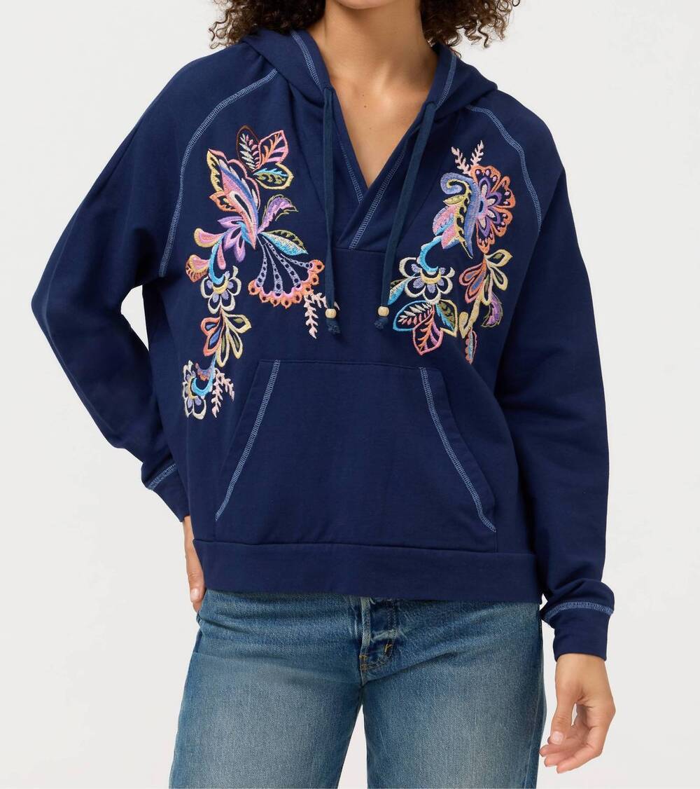 NEW JOHNNY WAS zinnia hooded raglan sweatshirt in blue night